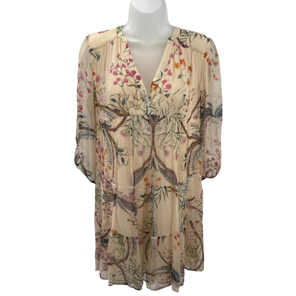 ba&sh Cream Goya Floral‎ Balloon Sleeve Elastic Cuff Tiered Mini Dress Womens XS